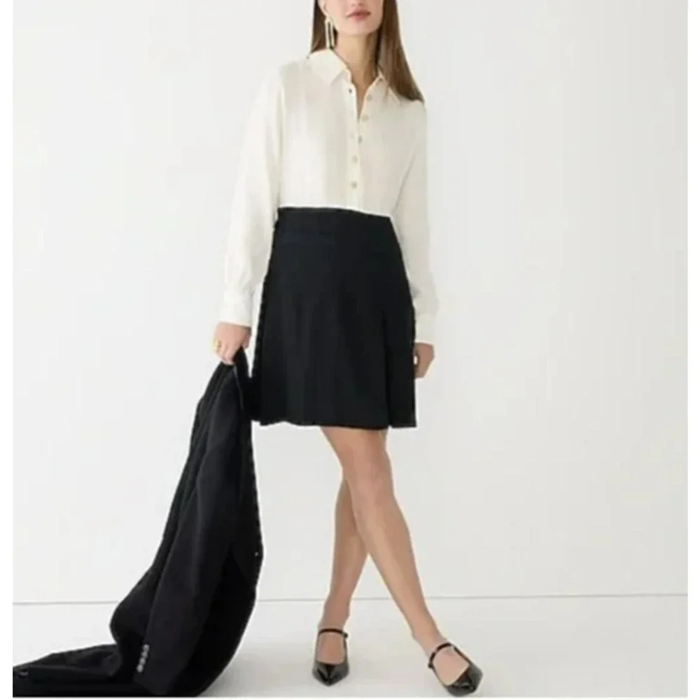 J Crew Button Front Crepe Shirt Dress Size 14 Black Ivory Pockets Preppy Career